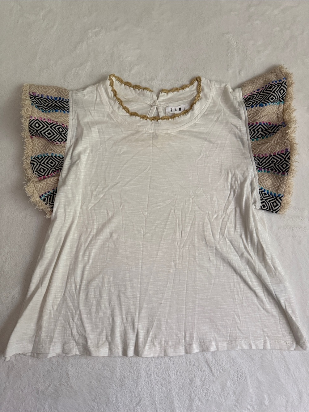 THML White Top with Embroidered Fringe Flutter Sleeves Anthropologie